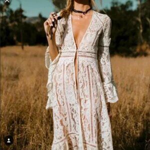 🕊️ Free People Rhiannon Lace Maxi Dress | Boho Sheer Cardigan Gown | Size Mediu